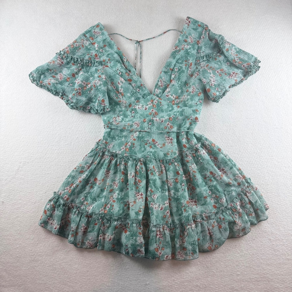 Saints + Secrets Sage Green Floral Ruffle Tiered Mini Dress Open Back US M AU 10